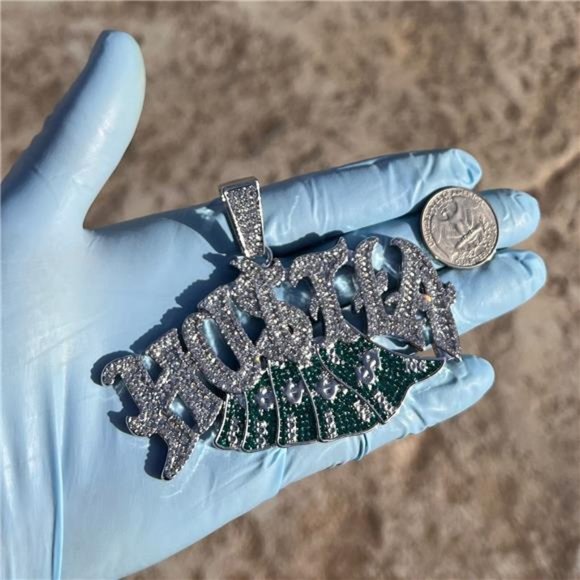 Hustla Hip Hop Pendant Hustle Hustler Silver Tone Iced Flooded Out Simulated CZ - Picture 7 of 9